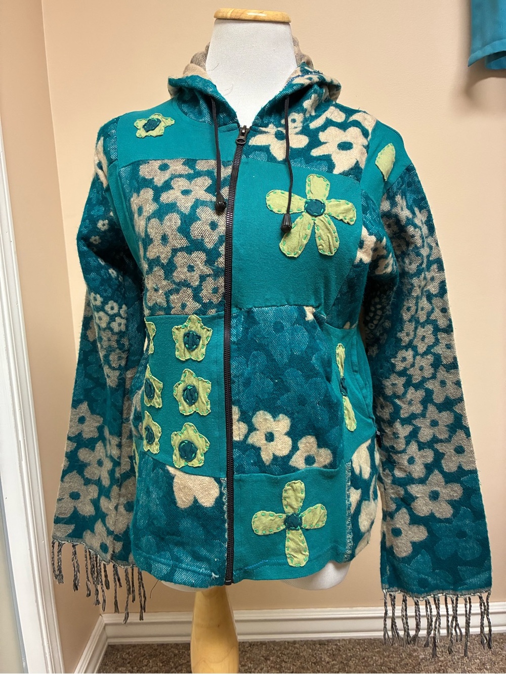 Leopards and Roses Size Medium Turquoise Floral Patchwork Hooded Sweater